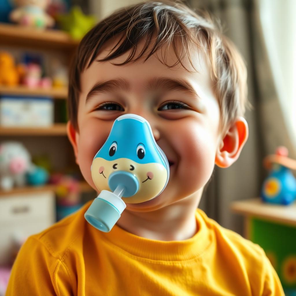Happy child smiling while wearing a cartoon animal-shaped inhaler mask